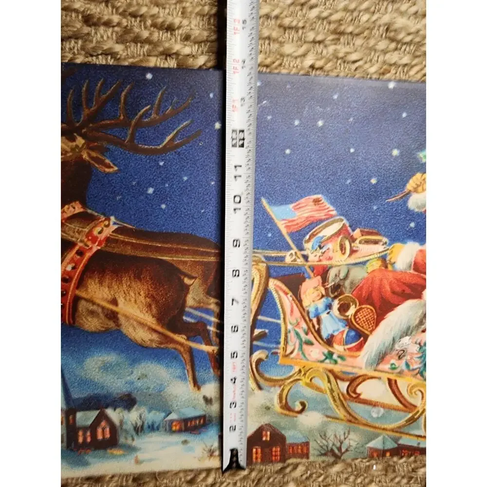 Vtg. Merry Christmas Wall Art Canvas Santa Claus Flying Reindeer Holiday Decor